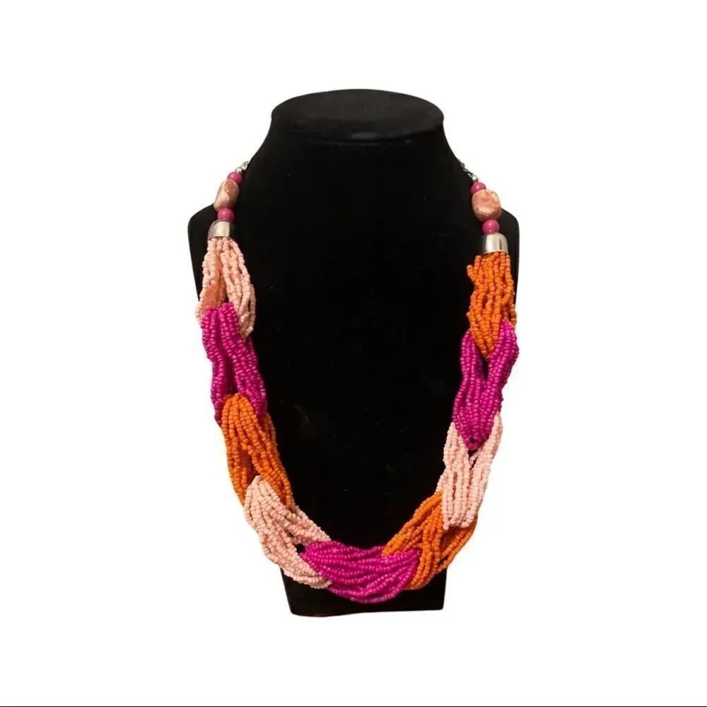 Multi Strand Intertwined Seed Bead Statement Necklace • Pink & Coral • NWOT